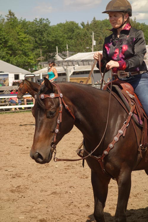 Woman riding a horse in western style tack.